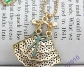 Pretty retro gold 3d skirt with green bow necklace pendant jewelry vintage style