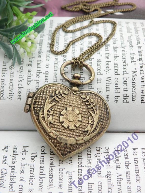 Pretty retro copper heart with olive branch pattern locket necklace pendant vintage style