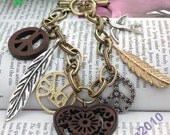 Pretty retro copper hand chain with Anti war signs bird feather heart bracelets pendant jewelry vintage style