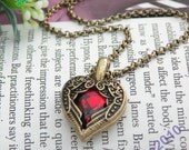 Pretty retro copper small red crystal heart shape with two angel wings necklace pendant jewelry vintage style