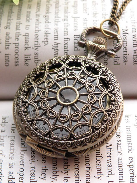 Retro copper round spider web with hollow carved pocket watch necklace pendant jewelry vintage style