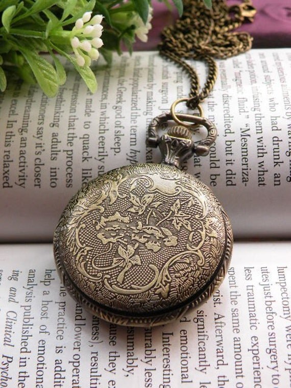 Retro copper round spider web with hollow carved pocket watch necklace pendant jewelry vintage style