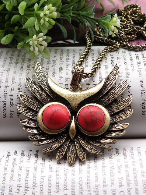 Pretty retro copper big owl head with red turquoise eyes pendant necklace vintage style