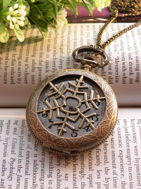 Retro copper round snowflake with hollow carved pocket watch necklace pendant jewelry vintage style