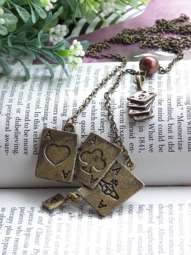 Pretty retro copper 3 A poker playing card bead necklace pendant jewelry vintage style