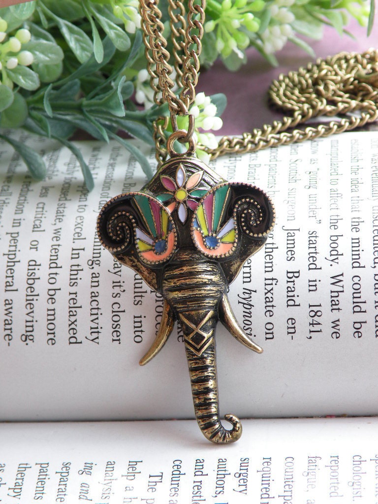 Pretty retro copper colorful glaze indian elephant head with long nose necklace pendant jewelry vintage style
