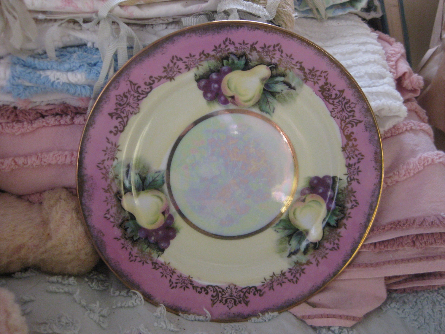 SALE Vintage Pink Pear Plate - Iridescent with Gold JAPAN