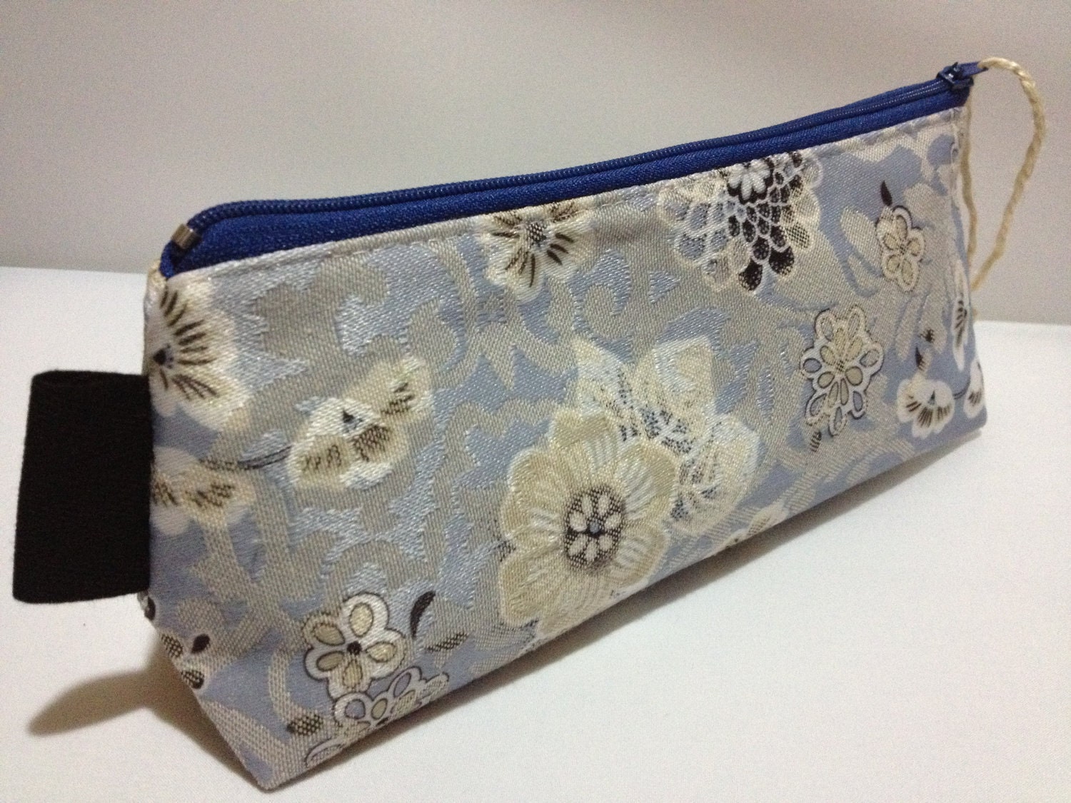 Triangular Zipper Pouch, Clutch, Purse, Pencil case - Light Blue, Floral Oriental Design