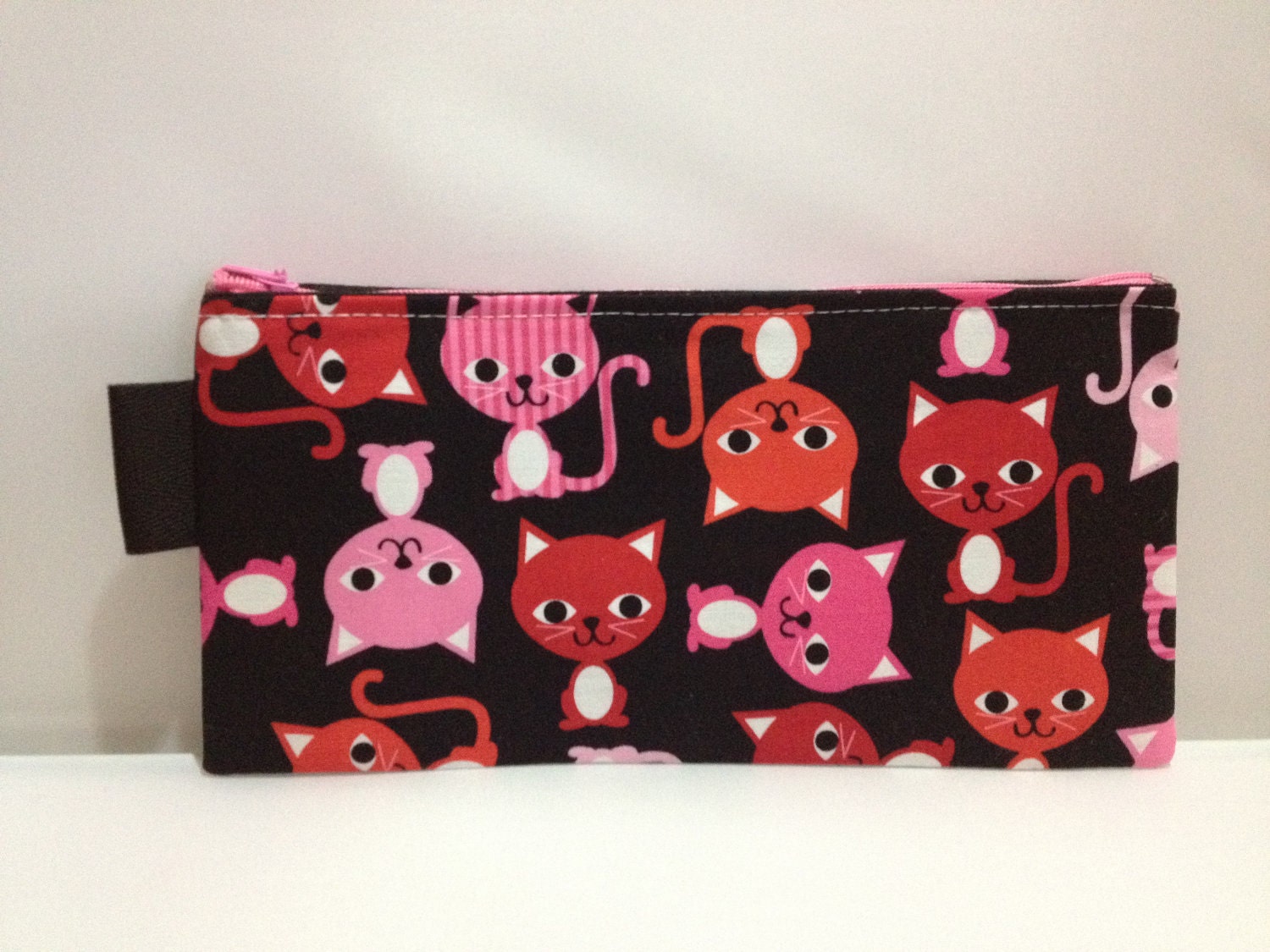 Rectangular Zipper Pouch, Pencil Case, Gadget Case - Pink and Red Cats on Black, Cute Calicos, Kawaii