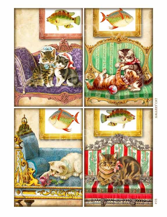 Victorian Cats on Couches  Digital Collage Sheet Instant Download Label Card Journal Original Whimsical Altered Art by GalleryCat CS78