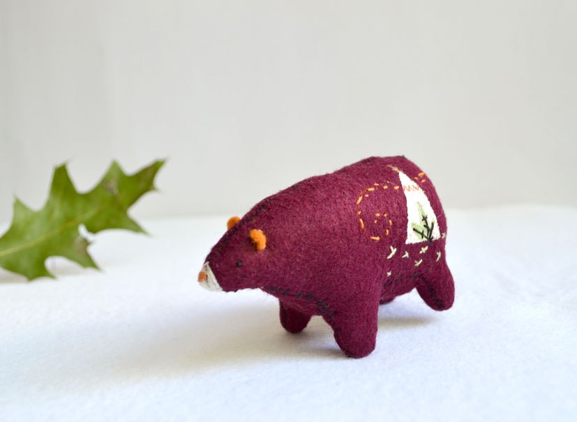 gatherer spirit bear - wool felt soft sculpture in cranberry