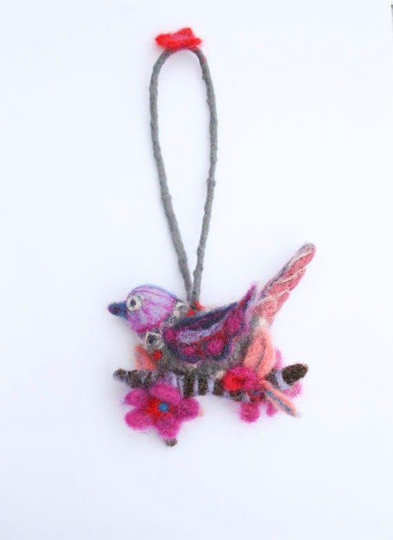 Needle Felted Decorative Ornamental Bird with Flowers