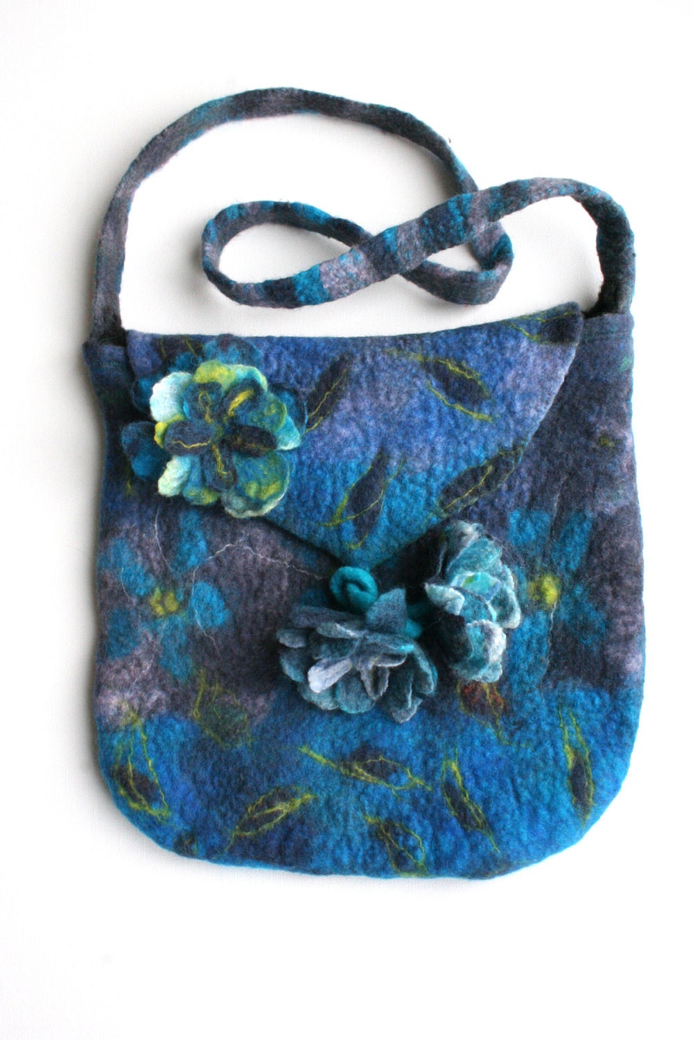 Blue Purple Felted Bag Purse with Felted Flowers Pin