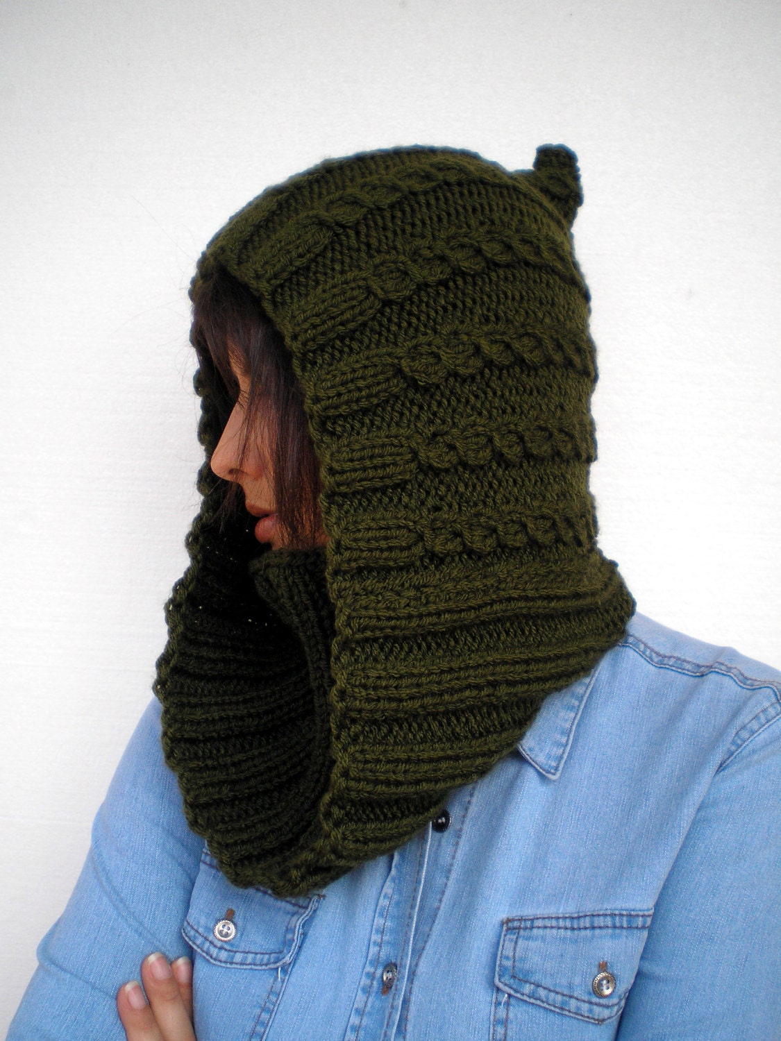 SALE Green Hood Cowl Super Soft Mived Wool Knit Hood Cowl Woman Hood