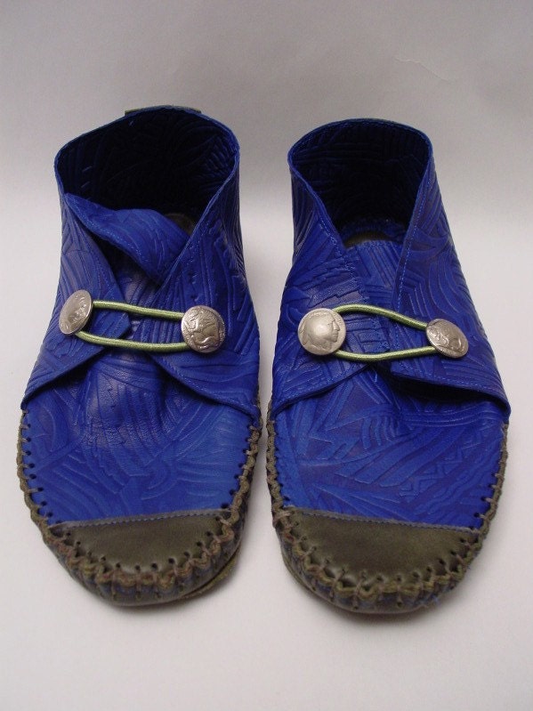 23 TRIBES Custom and made to order - Blue embossed  Leather moccasins