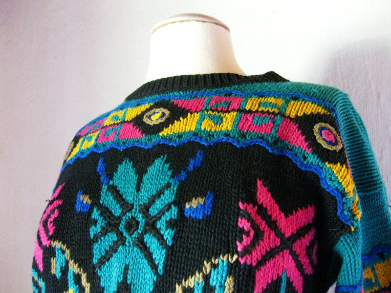 80s Neon Liz Thomas Ramie Cotton Teal Fuchsia Yellow Vintage Sweater Small