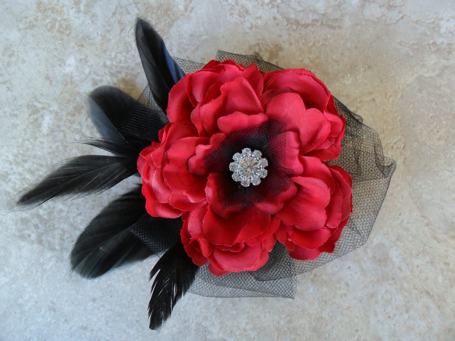 Raye - red and black feathered fascinator, red hair accessory, bridal hair accessory, bridal hairpiece, wedding hair accessories