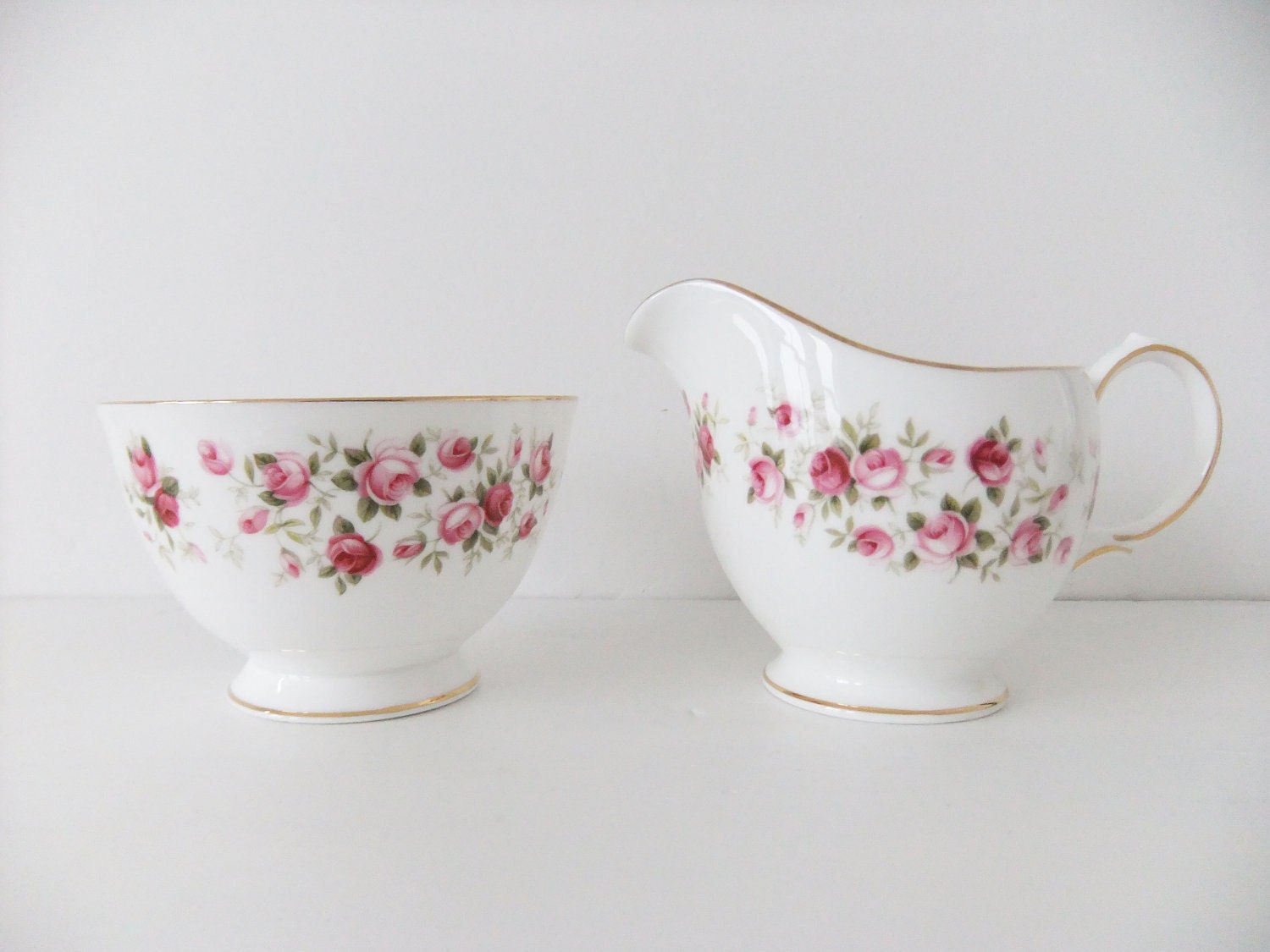 Vintage Colclough China Milk Jug and Sugar Bowl - Cascade Roses - Pitcher and Bowl