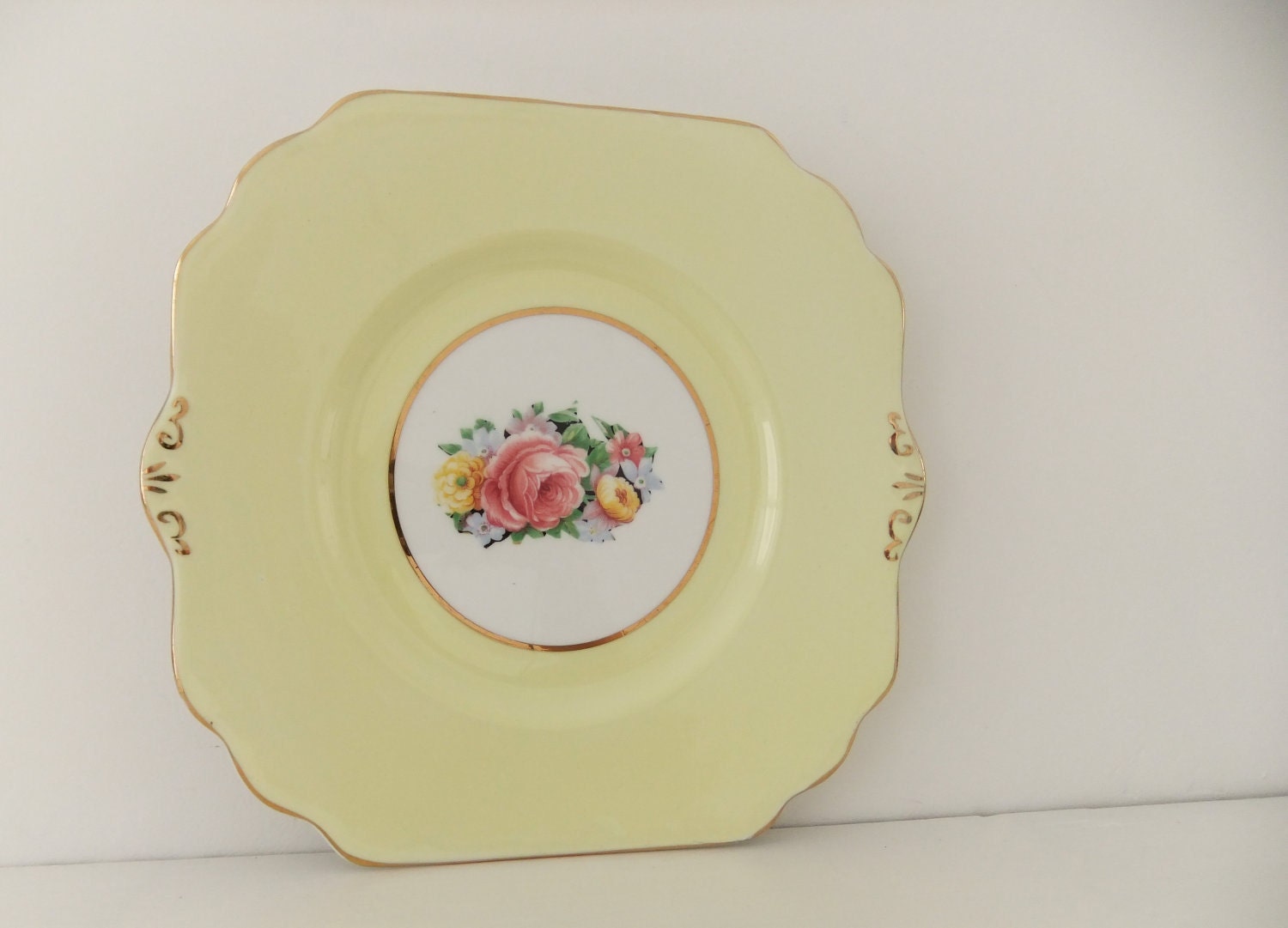 Imperial Bone China Vintage Cake Plate - yellow with roses and flowers