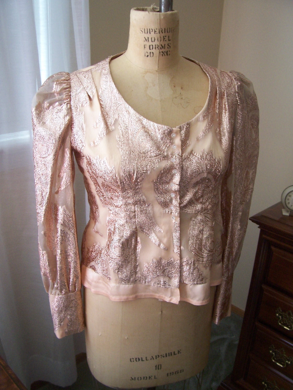 SALE VLV Incredible Vintage Copper Lurex blouse with rhinestone buttons, late 1940s or 1950s size L