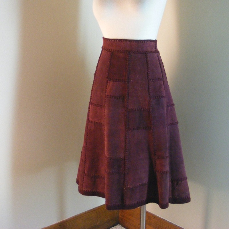 70s boho skirt suede burgundy patchwork leather large