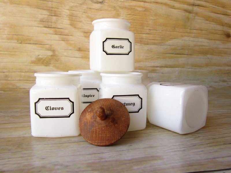 Vintage Milk Glass Spice Jars Set of 6
