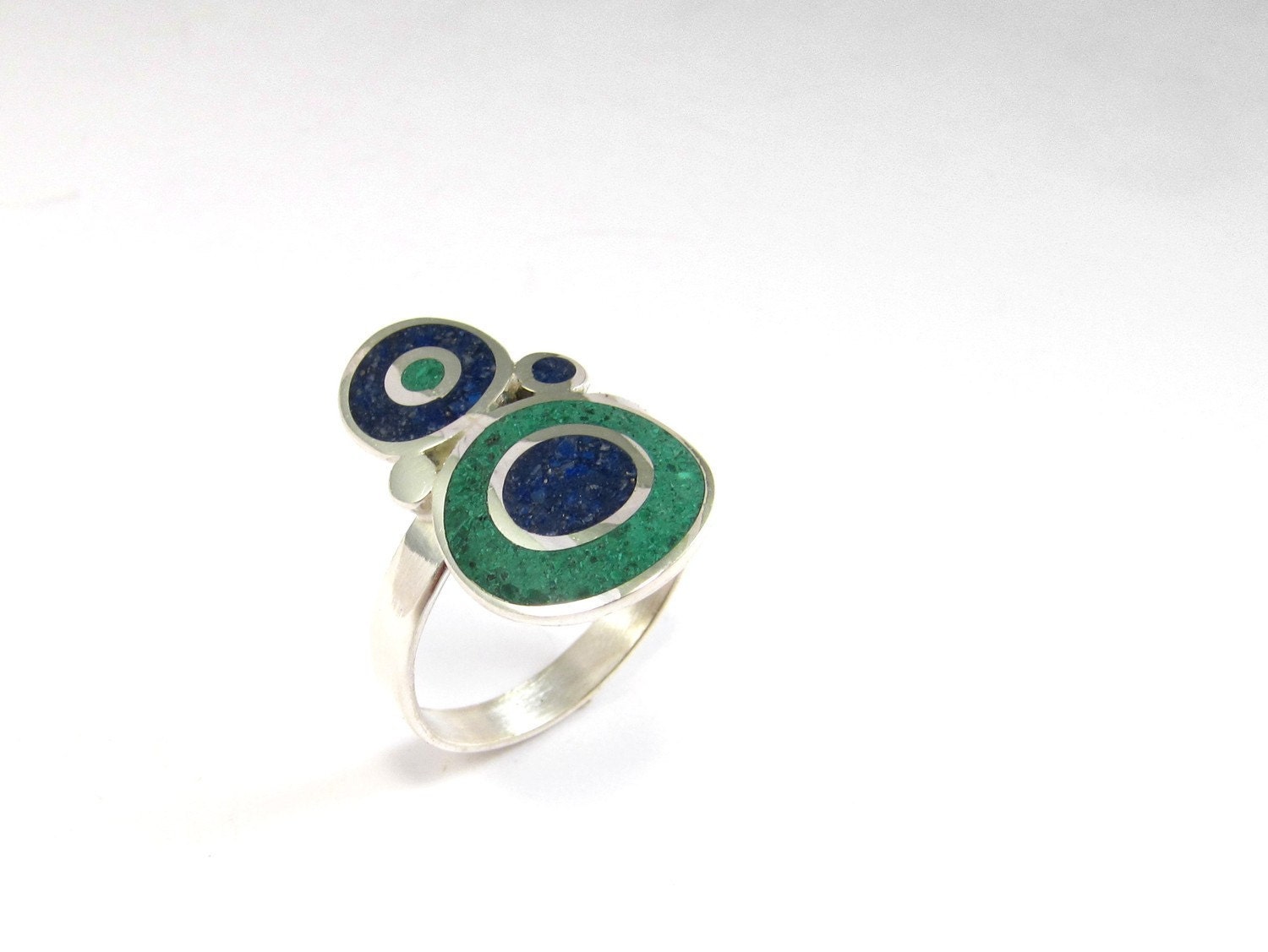 Sterling Silver Ring - Blue and Green Color Bubbles