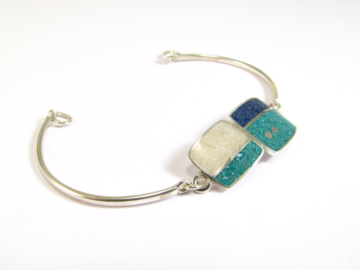 Sterling Silver Bracelet - Geometric Design  - Blue Turquoise White Colors