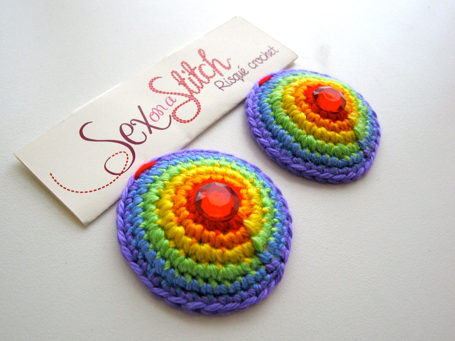 Rainbow Crocheted Nipple Pasties with Jewel and Tape