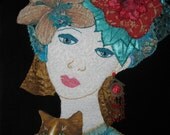 Crazy Quilt Wall hanging,Woman and Cats Portrait,Embroidered Original Fiber Art 12x16 inches