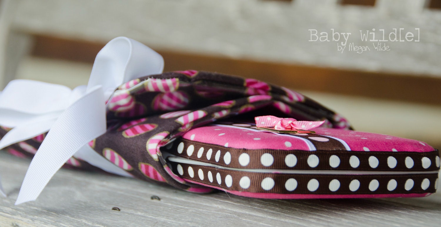 Travel Changing Pad Wipes Case Set Pink Brown Gold Polka Dot Double Ribbon Diaper Kit Cotton and Vinyl - Fancy Nancy