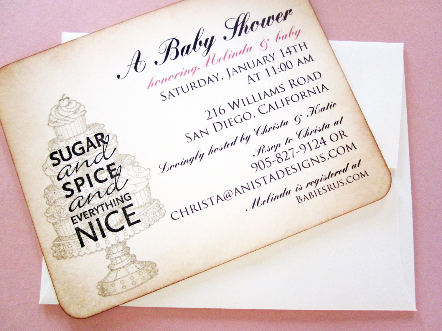 Baby Shower Sugar and Spice Invitation/Bachelorette Party/Bridal Shower - Sugar and Spice Cupcake invitation - vintage appearance- set of 10
