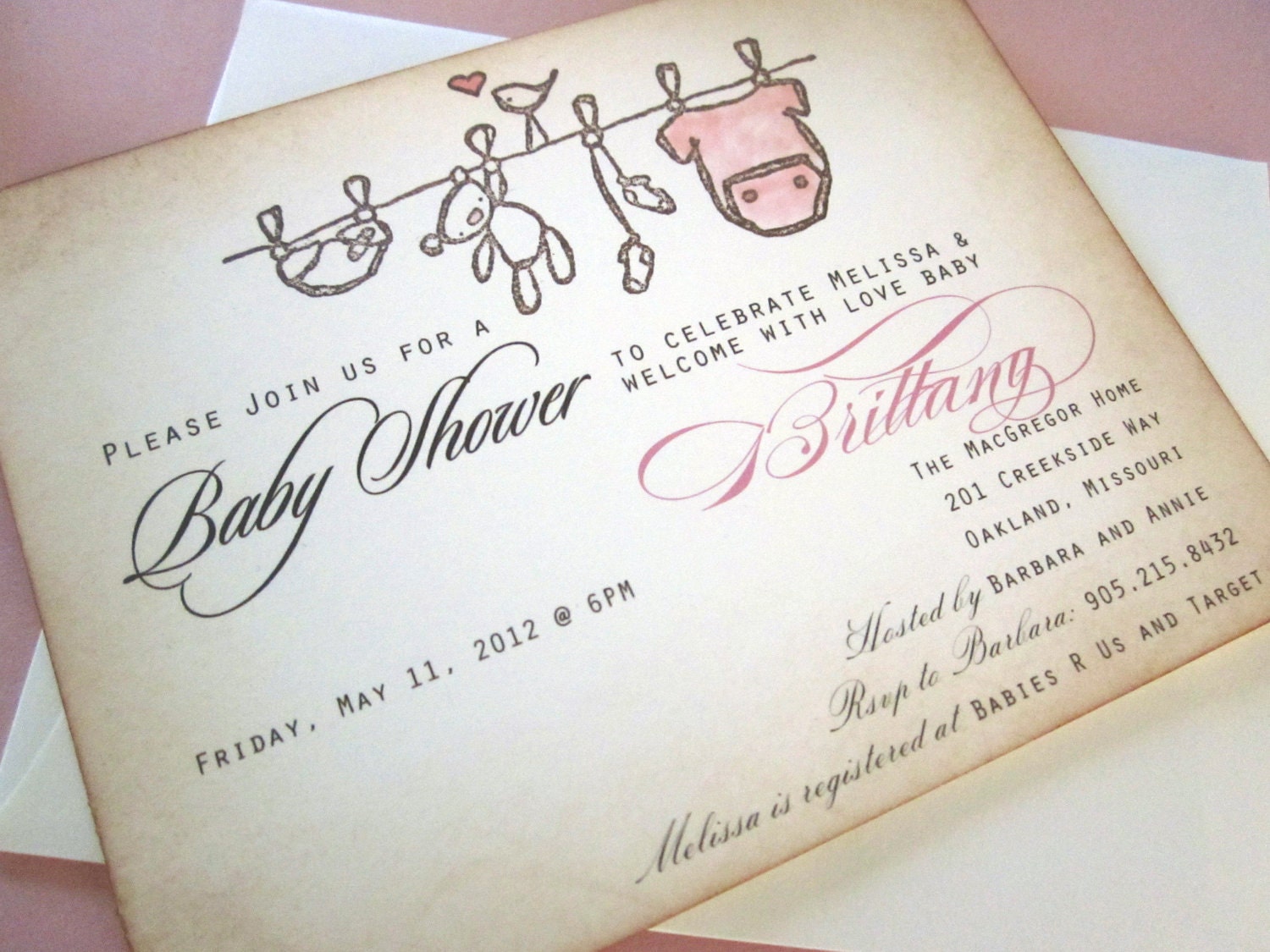 Baby Shower Invitation AS SEEN ON Disney Baby- Onesie clothesline - vintage appearance- set of 35