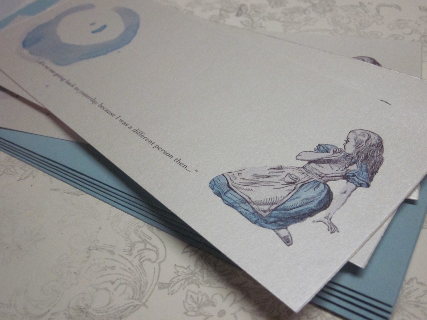 Alice in Wonderland Pearlized Flat Notecards with blue envelopes - Panoramic- set of 6