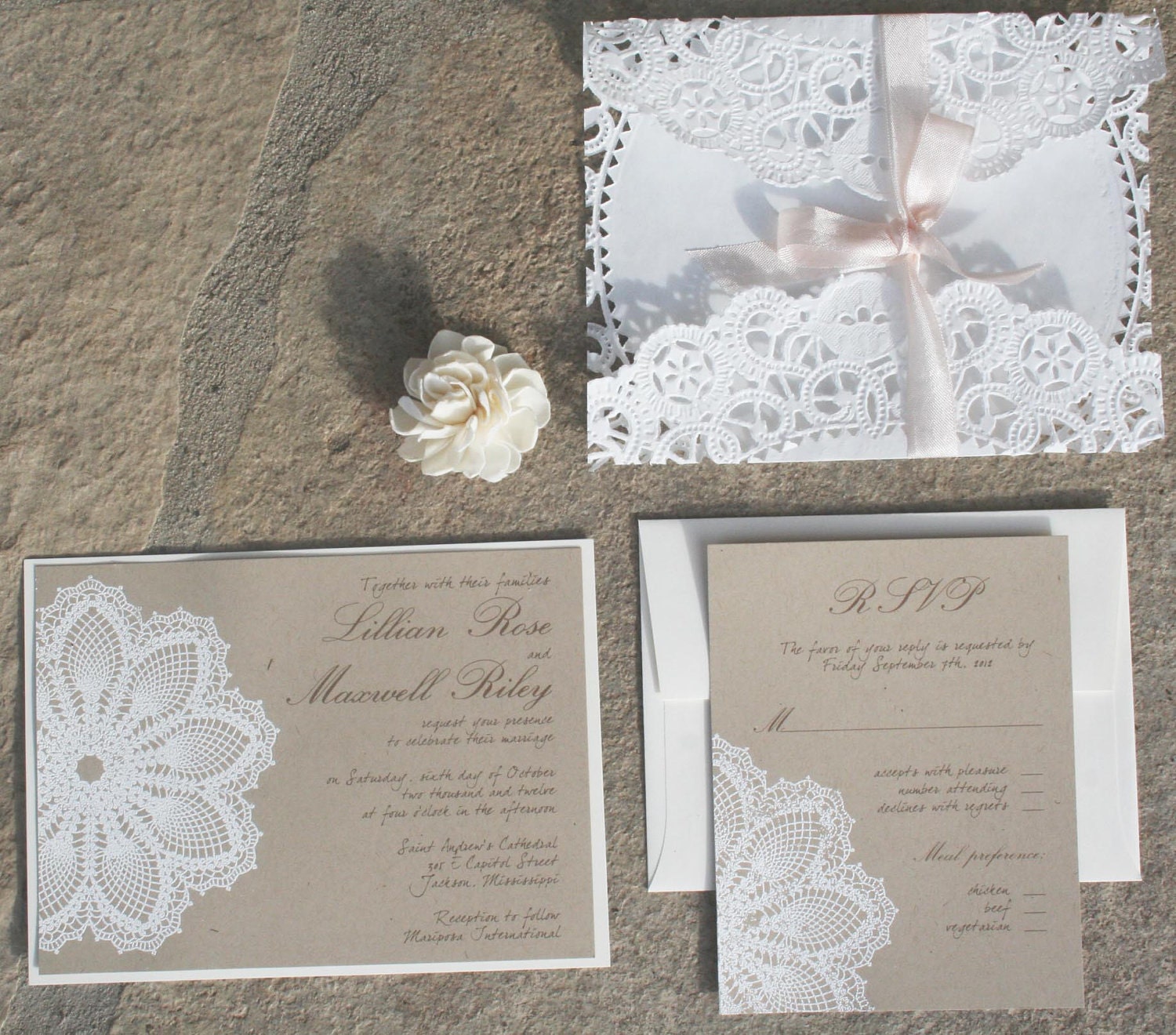 SALE:  vintage lace wedding invitation - Lace doily - featured in VOGUE UK  - Boxed invitation - Lillian Collection-  Sample