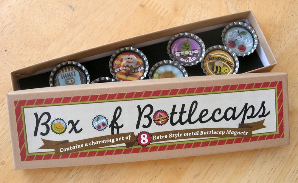 Retro style bottle cap magnet set