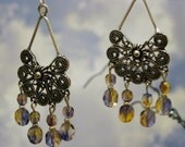 Unique Ornate Silver Tone Chandelier Earrings With Amethyst Topaz Czech Glass Beads