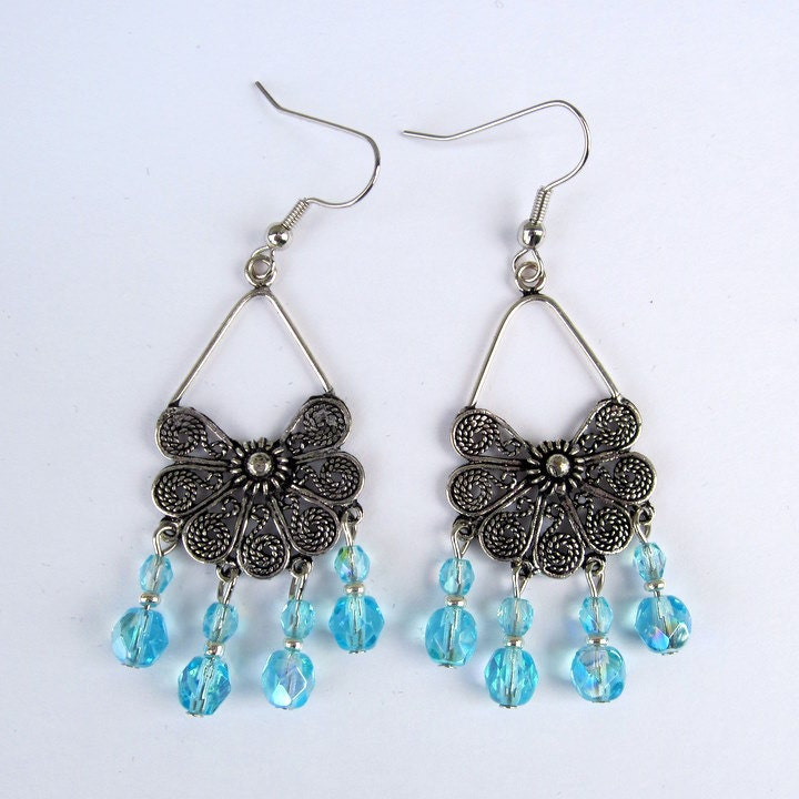 Unique Ornate Silver Tone Chandelier Earrings With Light Blue Czech Glass Beads