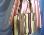 medium cotton tote bag, the Susan Bag, purse with zipper closure, brown and green stripe, diaper bag