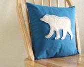 Bear Pillow - White Wool Felt Applique on Blue Cotton