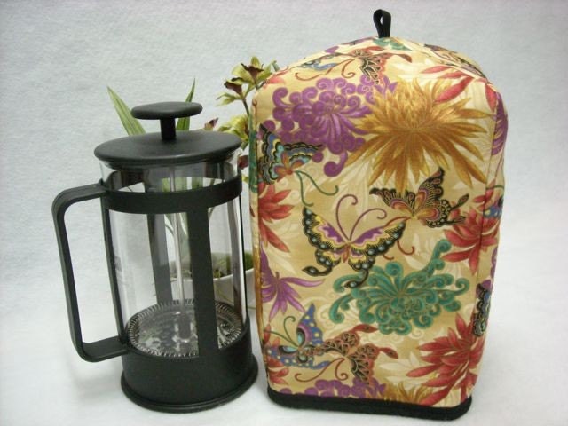 French Press Cozy - Mums and Butterflies on Gold - Standard 8 Cup Coffee / Tea Press