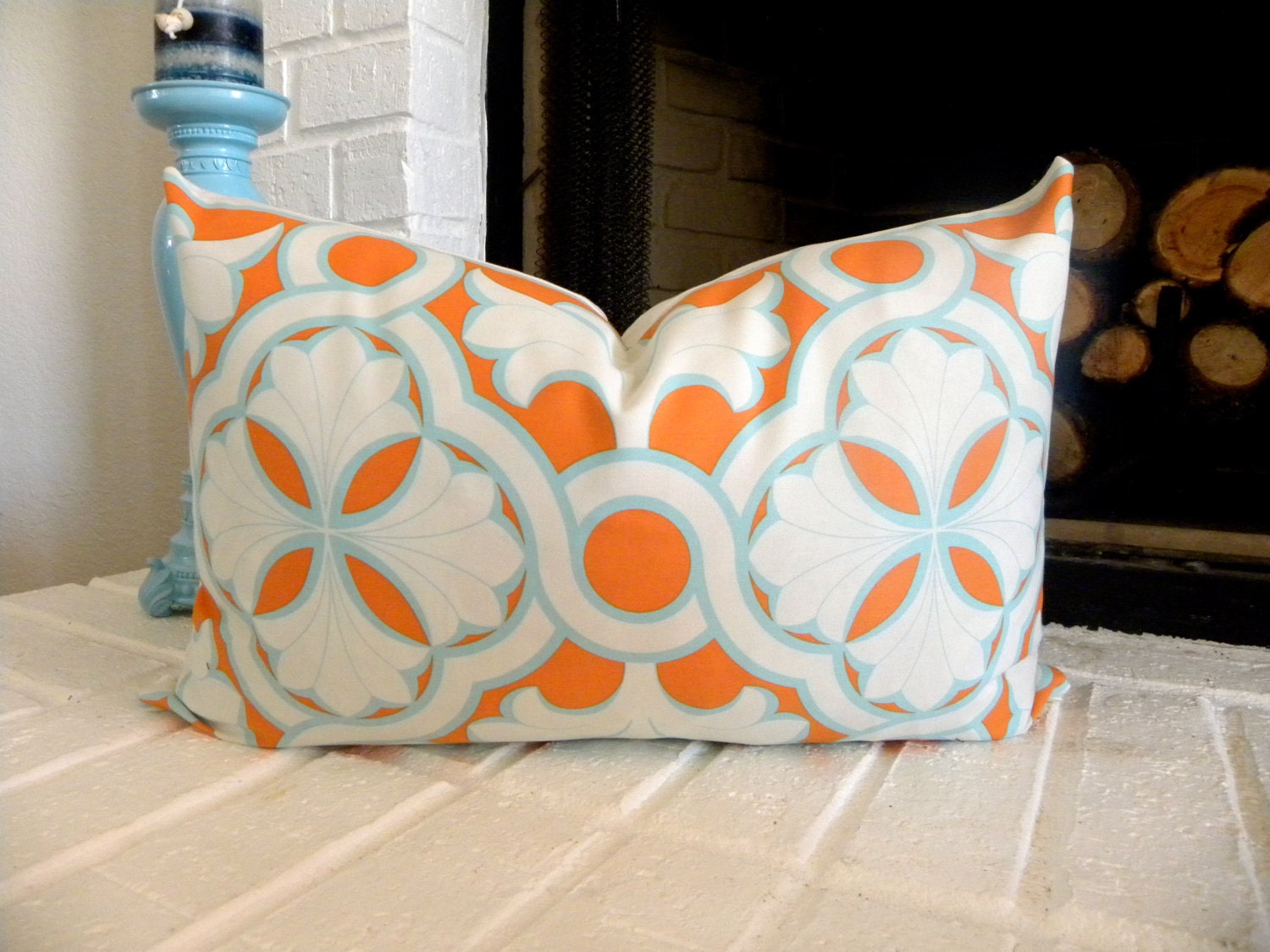 Orange and turquoise decorative lumbar pillow cover - Invisible zipper closure-Designer fabric- Modern pillow- Throw pillow.