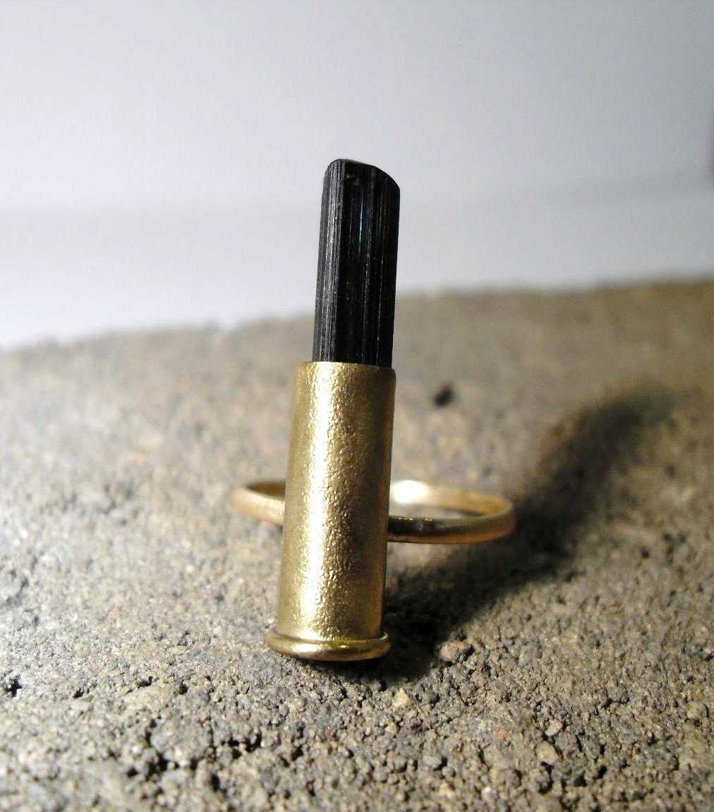 Black Tourmaline Bullet Casing Brass Ring