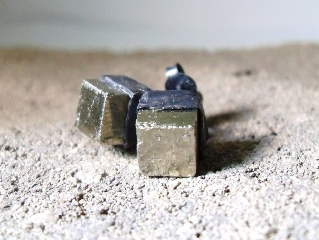 Rustic Bezel Raw Pyrite Cube Sterling Silver Stud Earrings