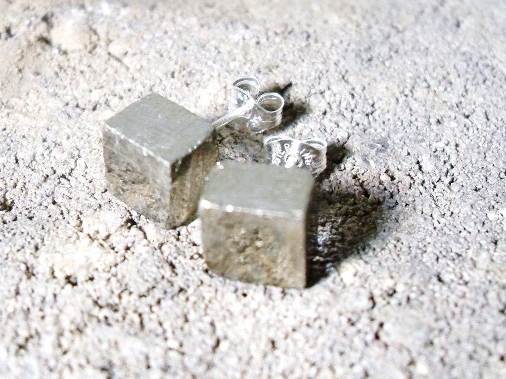 Raw Pyrite Cube Sterling Silver Stud Earrings