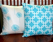 Decorative Pillow Covers in Aqua and White -Two 18 Inch