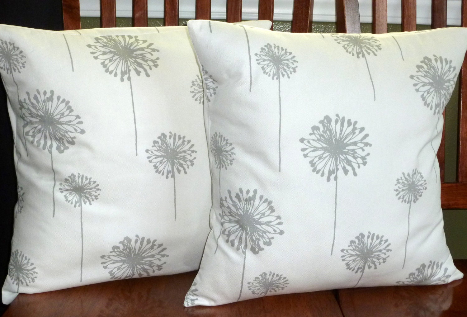 Decorative Pillow Covers - Set of Two 18 Inch Grey and White Dandelion