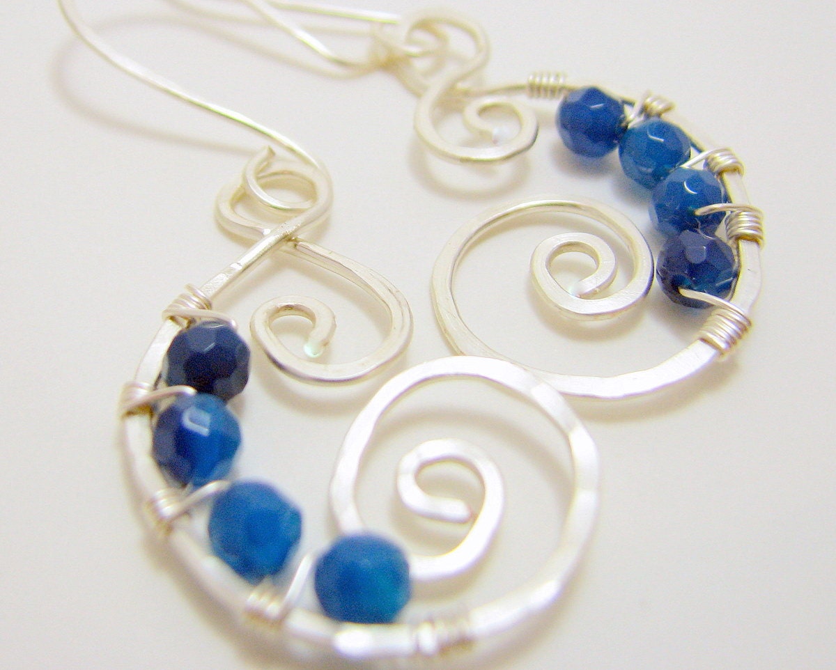 Spiral Earrings Hand Forged Beaded Blue Agate Silver
