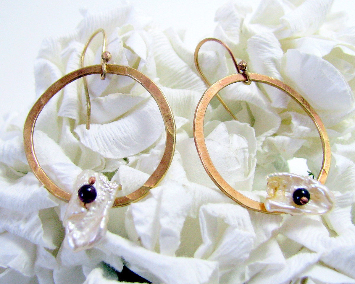 Hoop Earrings, Keshi Pearl, Garnet, Gold Brass, Hand Forged