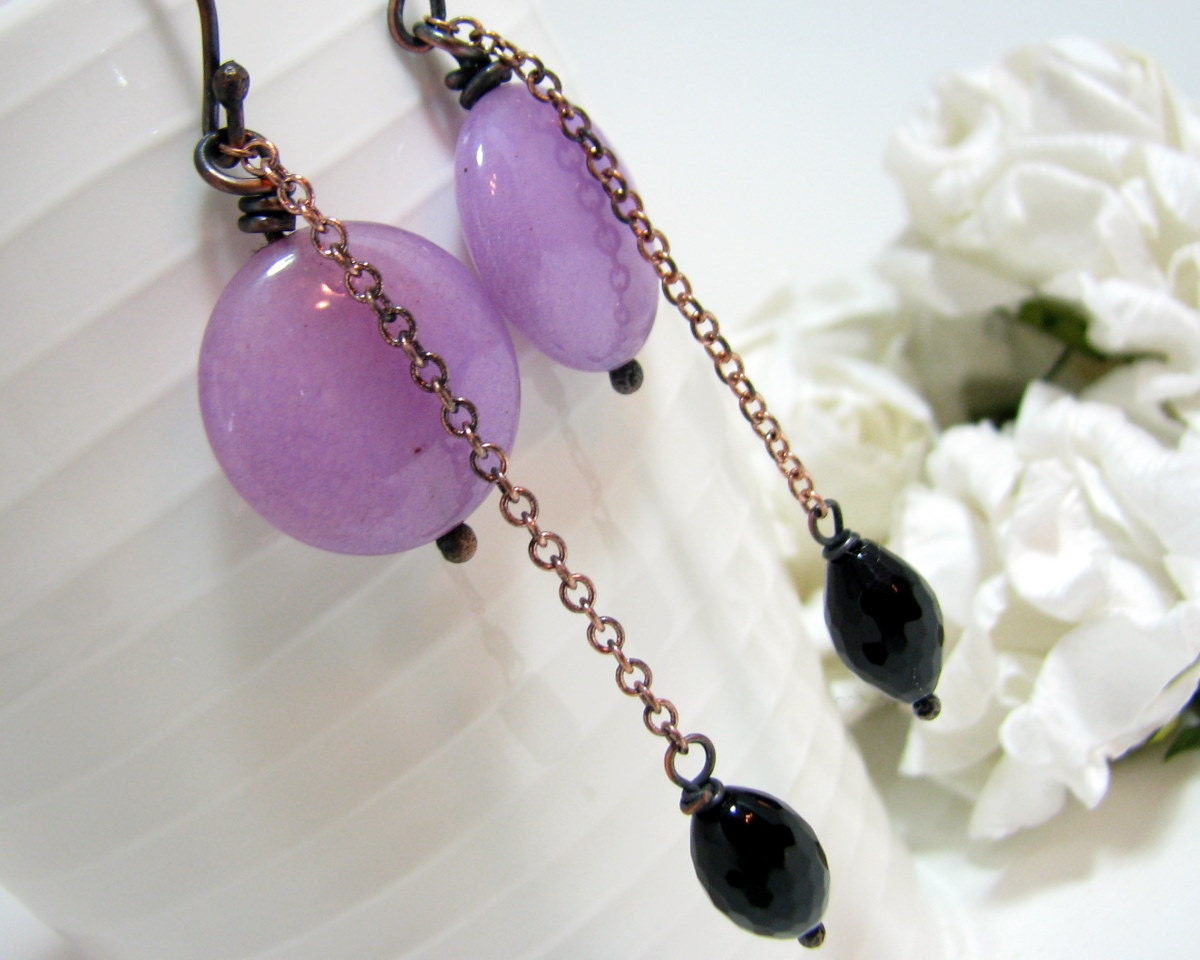 Dangle Earrings, Purple Jade Coins, Faceted Black Onyx, Oxidized  Copper